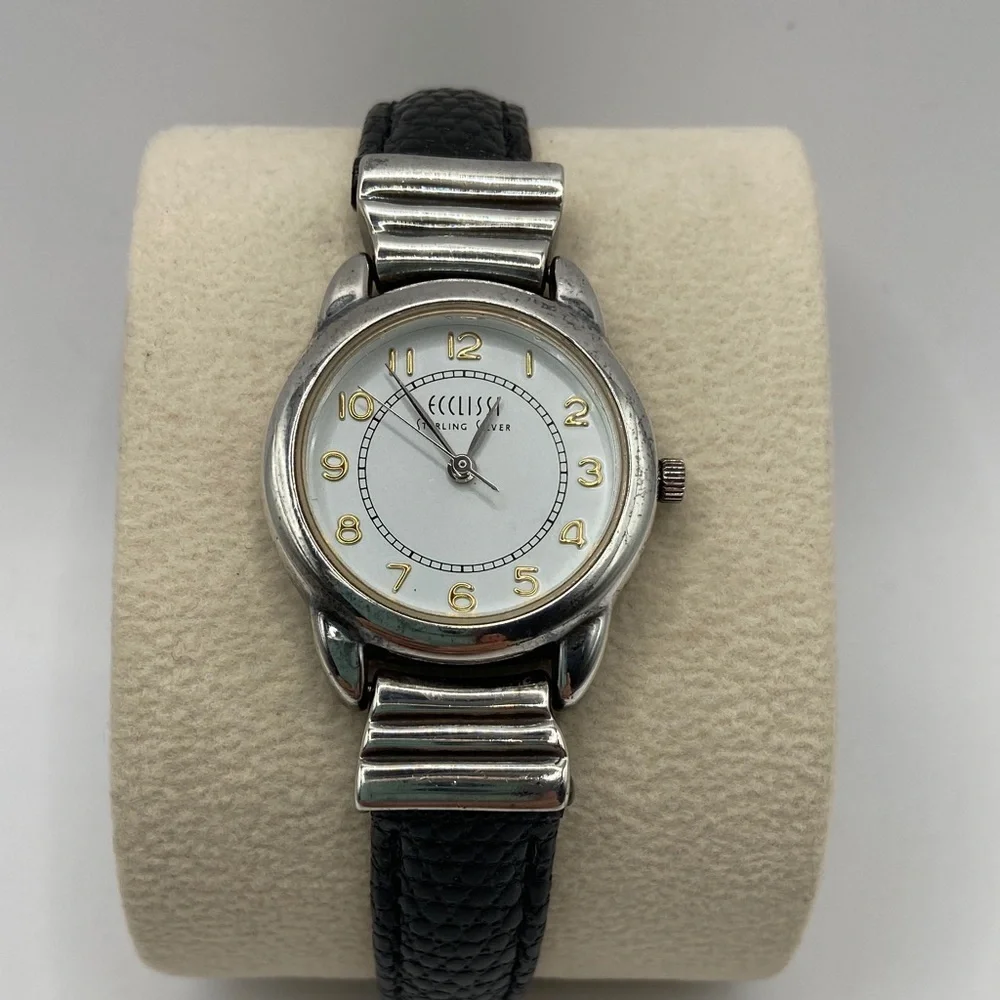 Vintage Ecclissi Sterling Silver Black Leather Band Watch 8 3/4”L